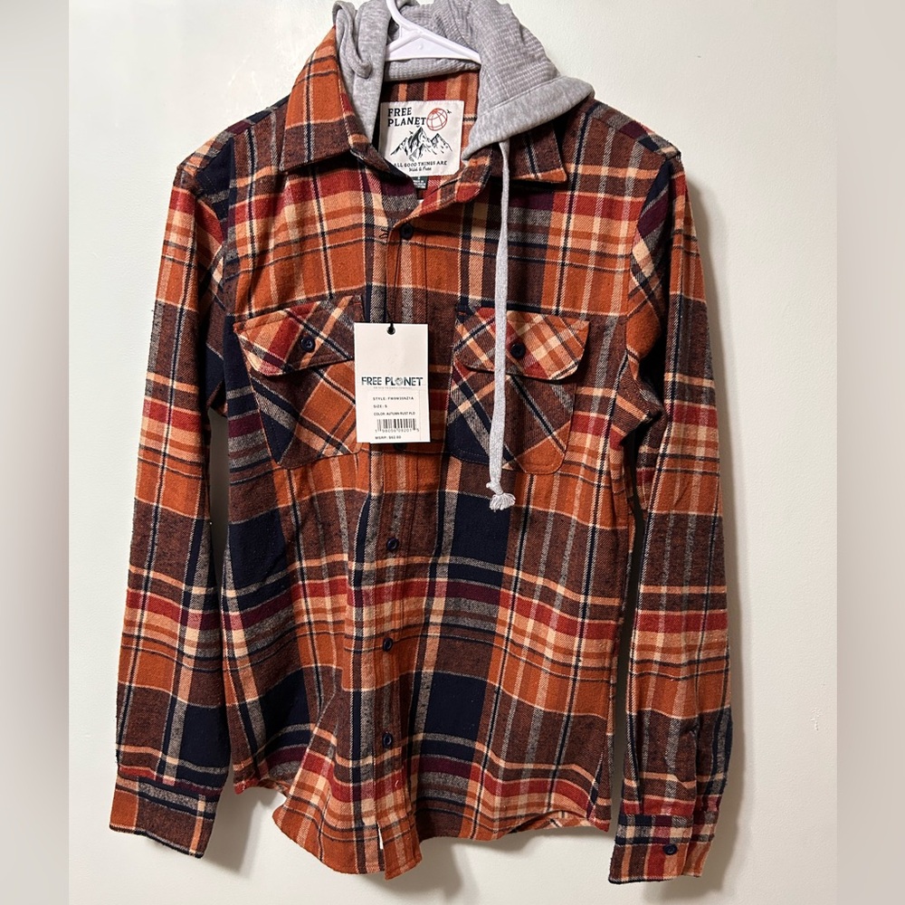 Men's free planet Plaid hooded shirt-jacket small autumn rust plaid New NWT
